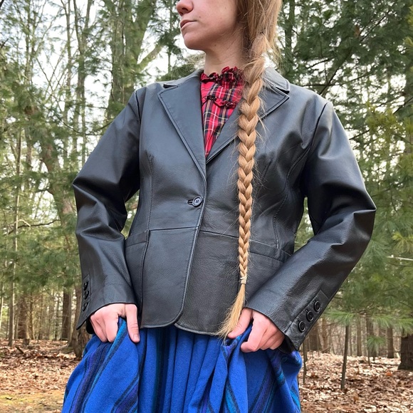 90s Massini Black Genuine Leather Single Button Blazer Jacket Size L - Picture 6 of 16